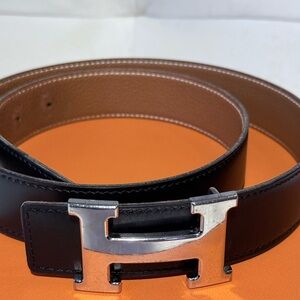 Hermes Black and Brown Leather Belt with Silver Buckle